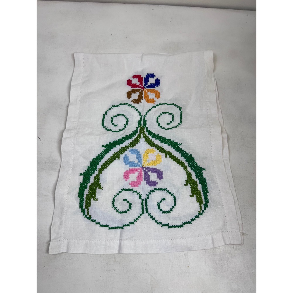 Vintage Embroidered Floral Linen Table Runner Colorful Cross Stitch 36" x 13.75"